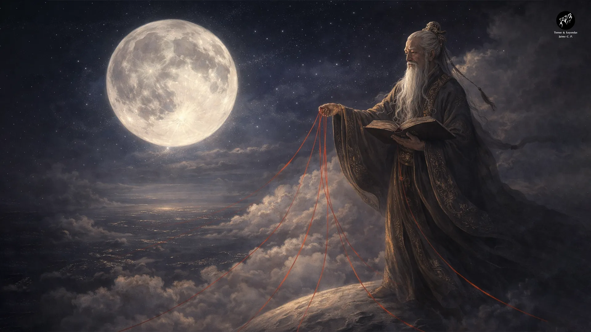 Um velho da lua olhando para o céu noturno, uma representação de Yue Lao e da lenda chinesa do Fio Vermelho do Destino.