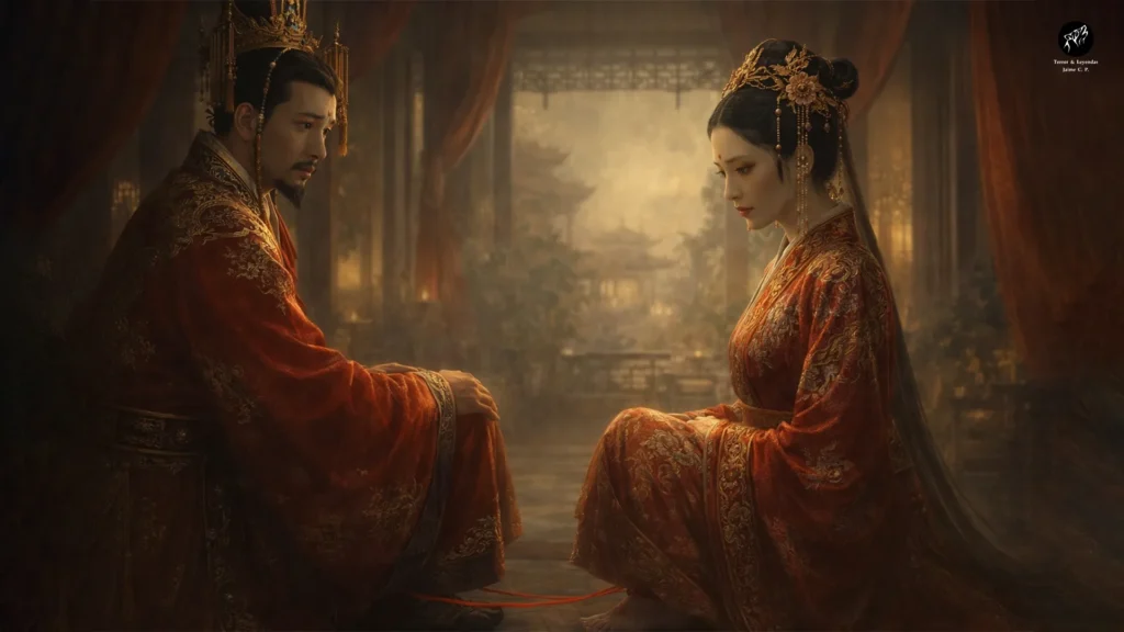 Imperatore e strega faccia a faccia in una scena d'epoca, ispirata alla leggenda del Filo Rosso del Destino.