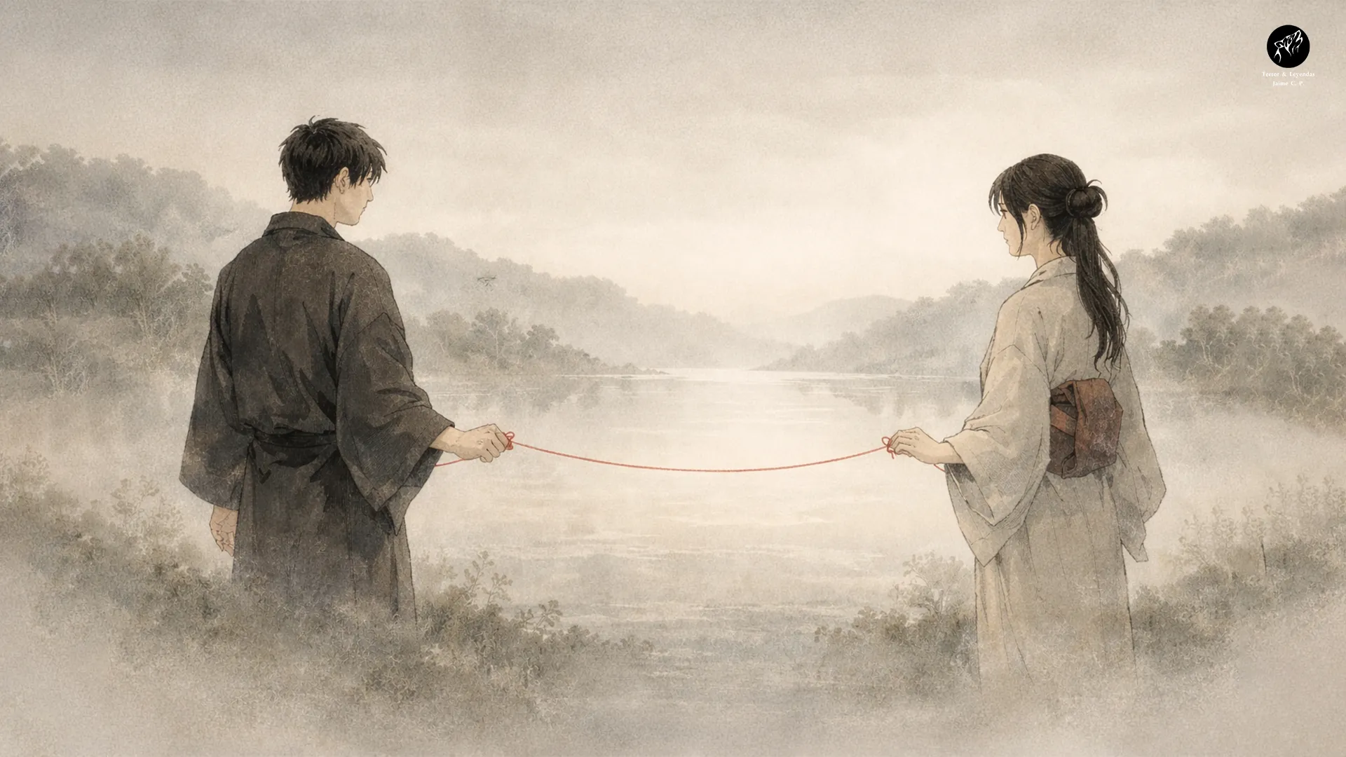 Two people face to face in a misty landscape, a representation of the legend of the Red Thread of Destiny and predestined encounters.
