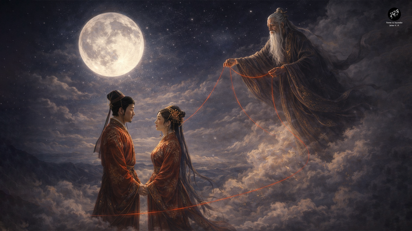 Two people in front of the old man of the moon under the full moon, a scene inspired by the Chinese legend of Yue Lao and the Red Thread of Destiny.
