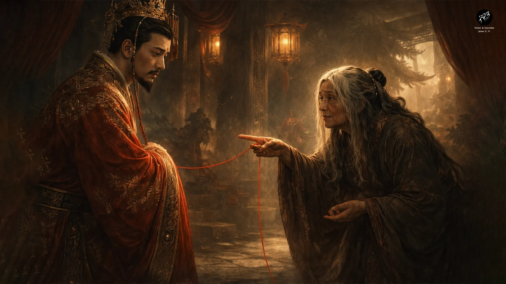 Phù thủy tiết lộ một bí mật cho hoàng đế trong một cảnh dưới ánh nến, lấy cảm hứng từ truyền thuyết về Sợi Dây Đỏ Định Mệnh.