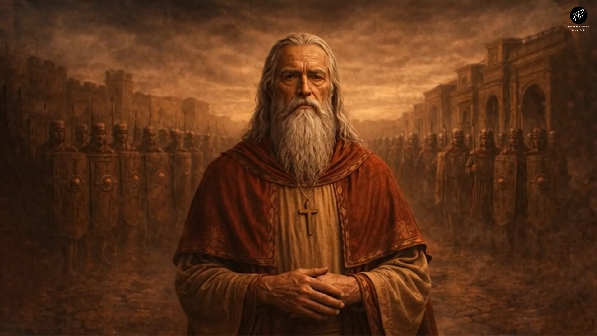 São Valentim com barba branca e túnica avermelhada em um cenário da Roma Antiga, ilustração inspirada na lenda do santo cristão.