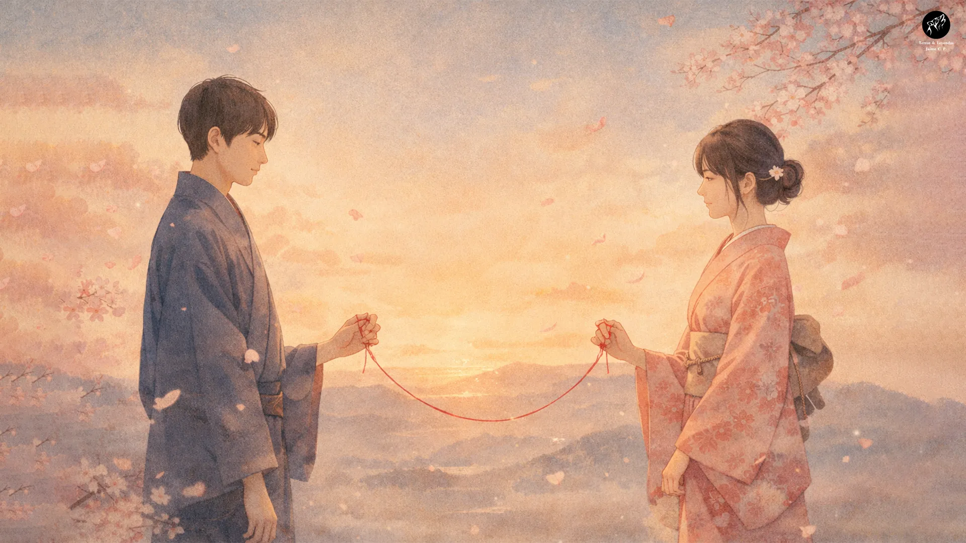 Deux personnes face à face dans un paysage rose, illustration inspirée par Akai Ito et la légende japonaise du fil rouge du destin.