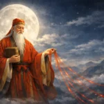 Yue Lao, the old man of the moon, depicted in traditional red robes under the full moon in an illustration from Chinese mythology.