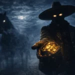 El Charro Negro cưỡi ngựa trên con đường tối, đội mũ rộng và ánh sáng vàng trên ngực, lấy cảm hứng từ truyền thuyết Mexico.