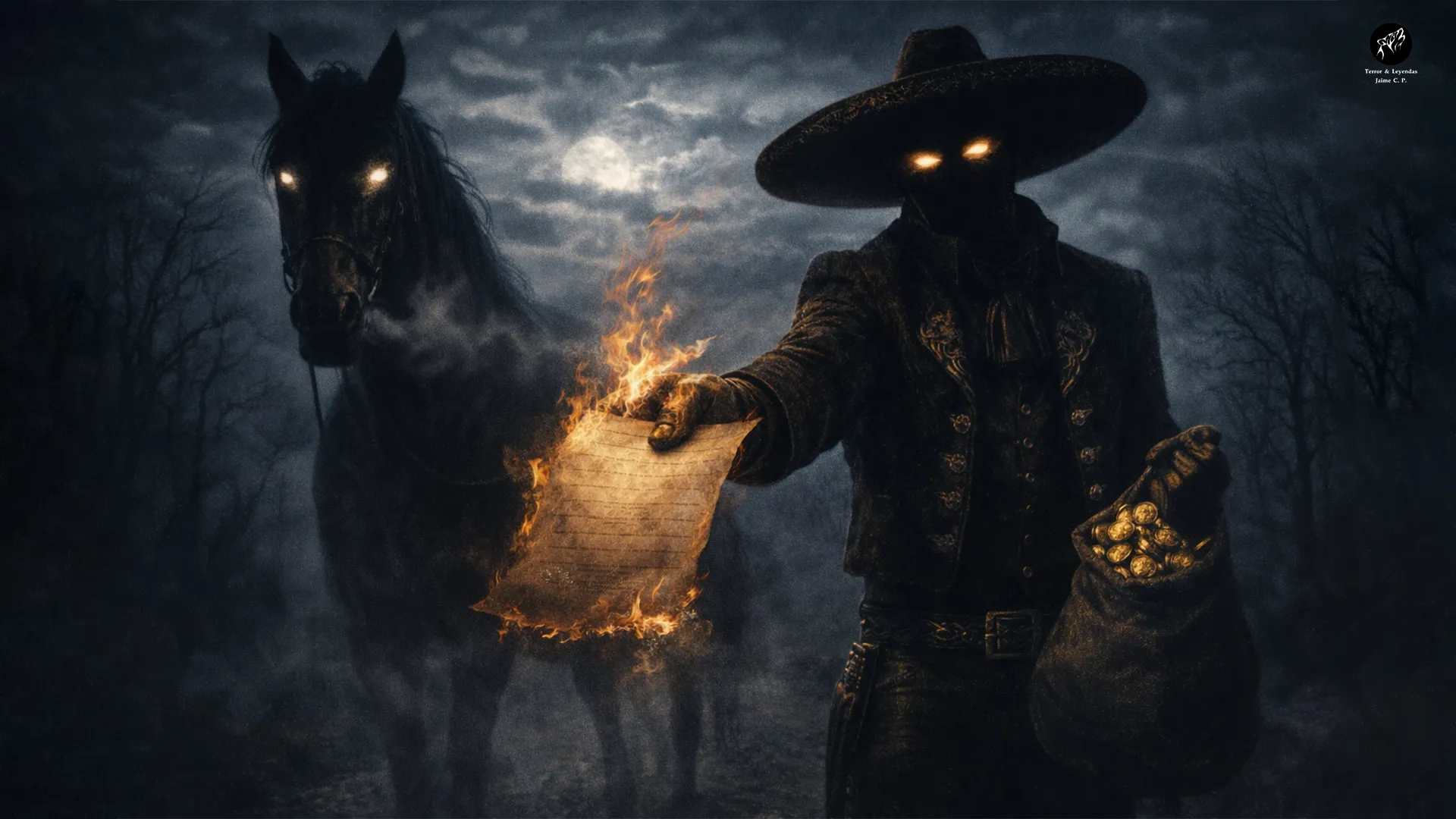 El Charro con il suo cavallo oscuro su una strada notturna, rappresentato come una figura soprannaturale della leggenda messicana.