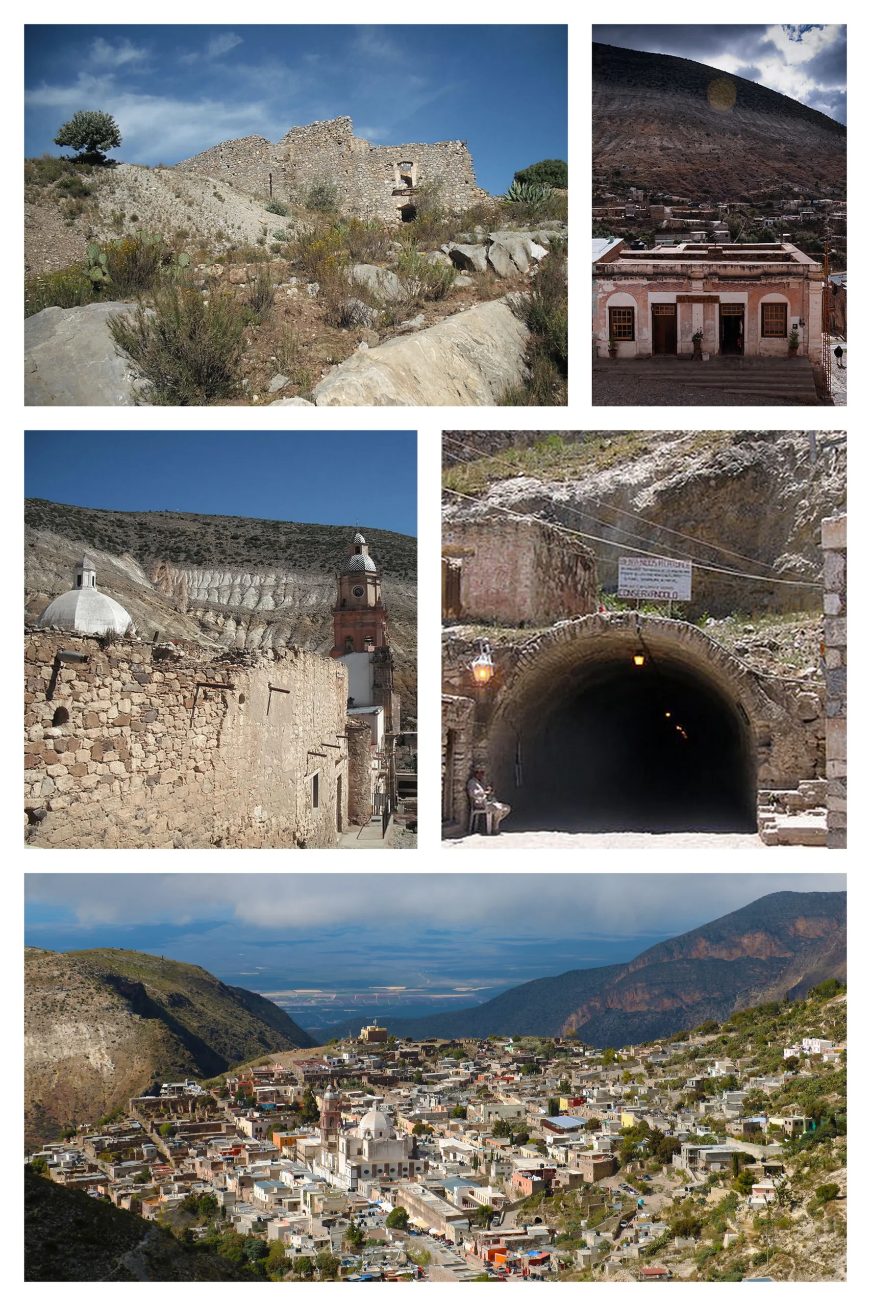 Collage von Real de Catorce, San Luis Potosí, mit historischer Architektur, alten Bergbaubauten, dem Ogarrio-Tunnel und Panoramablicken auf die Magische Stadt.