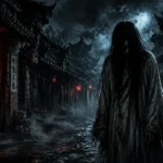 Hình bóng ma quái với mái tóc dài và áo choàng tối màu trên một con phố truyền thống Trung Hoa vào ban đêm, tượng trưng cho linh hồn Gui.