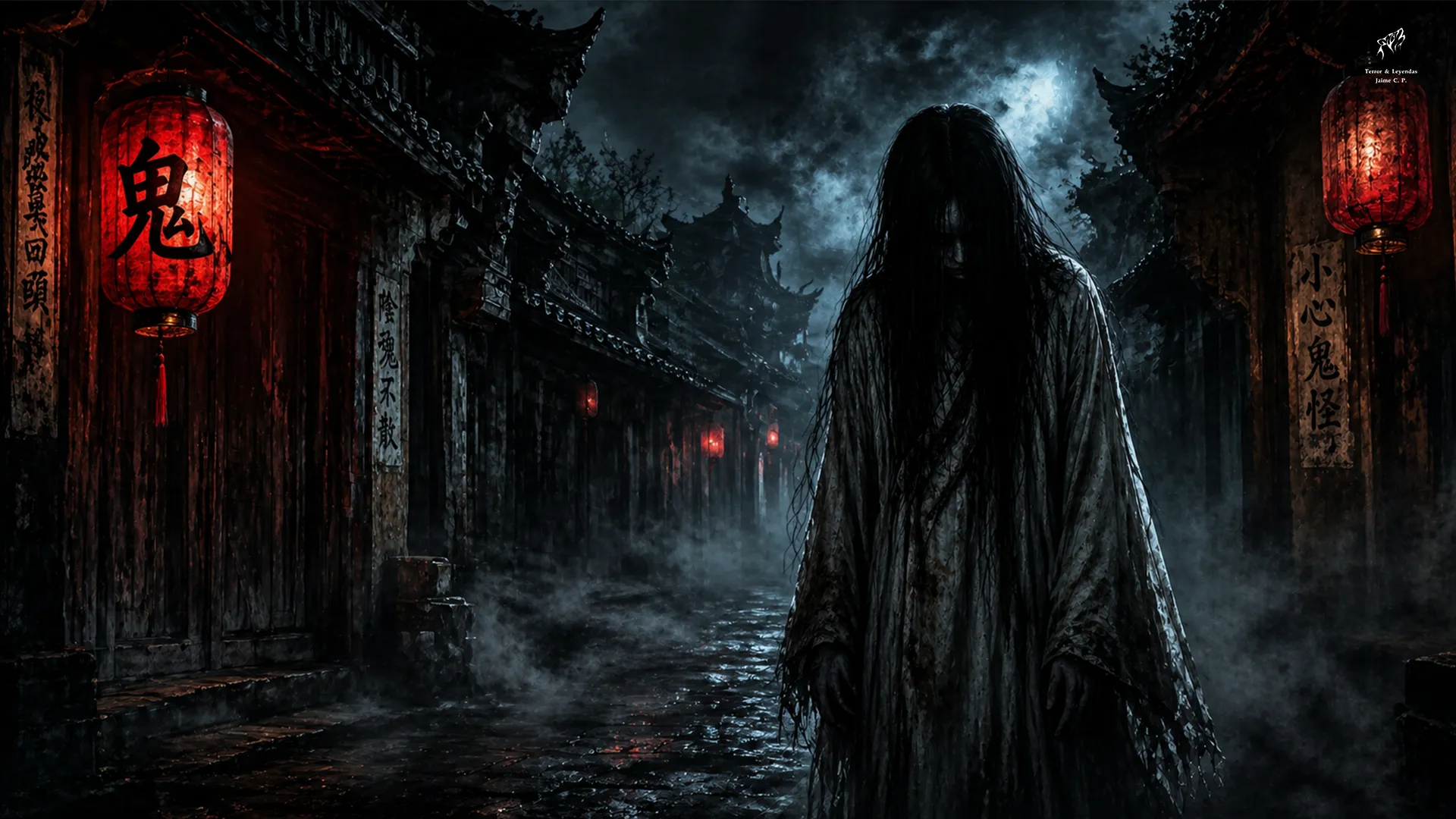Figura spettrale con lunghi capelli e vesti scure in una strada tradizionale cinese di notte, che rappresenta lo spirito Gui.