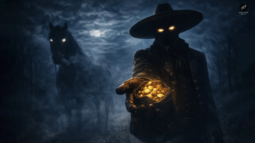 El Charro Negro chevauchait un cheval sur une route sombre, avec un large chapeau et une lueur dorée sur la poitrine, inspiré par la légende mexicaine.