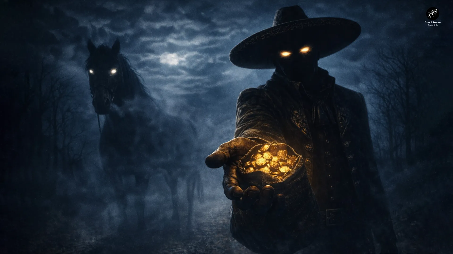 El Charro Negro chevauchait un cheval sur une route sombre, avec un large chapeau et une lueur dorée sur la poitrine, inspiré par la légende mexicaine.