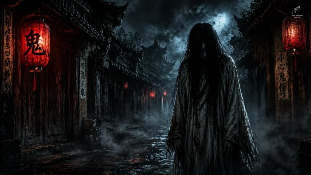 一个长发、身穿黑袍的幽灵形象,出现在中国传统街道上,象征鬼魂。