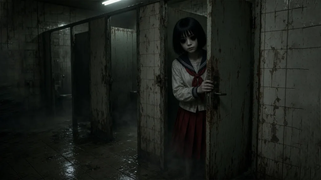 Hanako San observando desde un cubículo de un baño escolar japonés oscuro, en una escena de terror inspirada en leyendas urbanas japonesas.