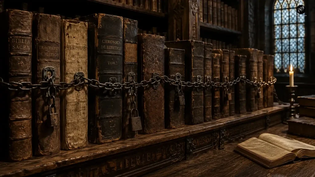 Banned books displayed in an ancient library with chained volumes