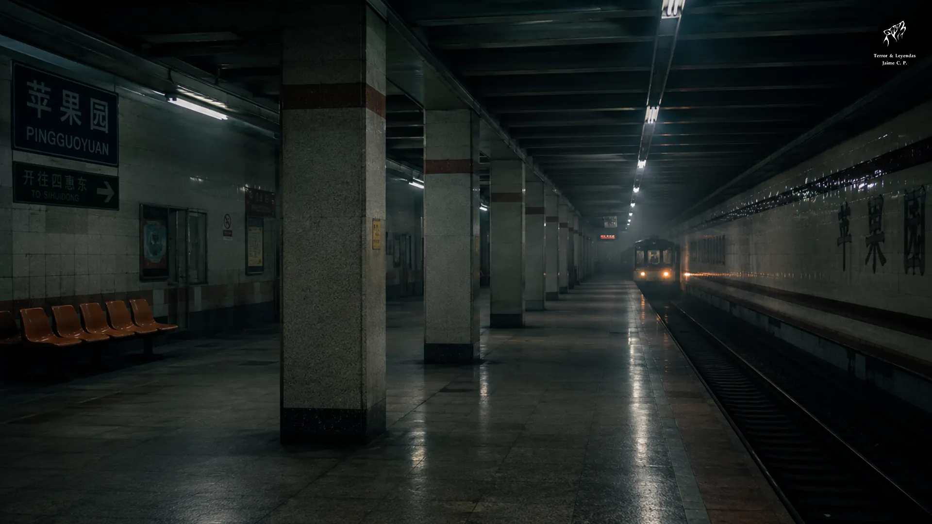 Último trem do metrô de Pequim chegando à Estação Pingguoyuan durante a noite.