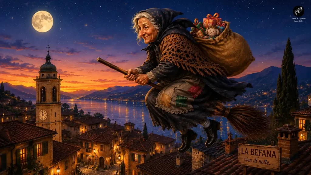 Befana volando en escoba sobre un pueblo italiano durante la noche de Epifanía