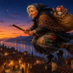 Befana volando en escoba sobre un pueblo italiano durante la noche de Epifanía