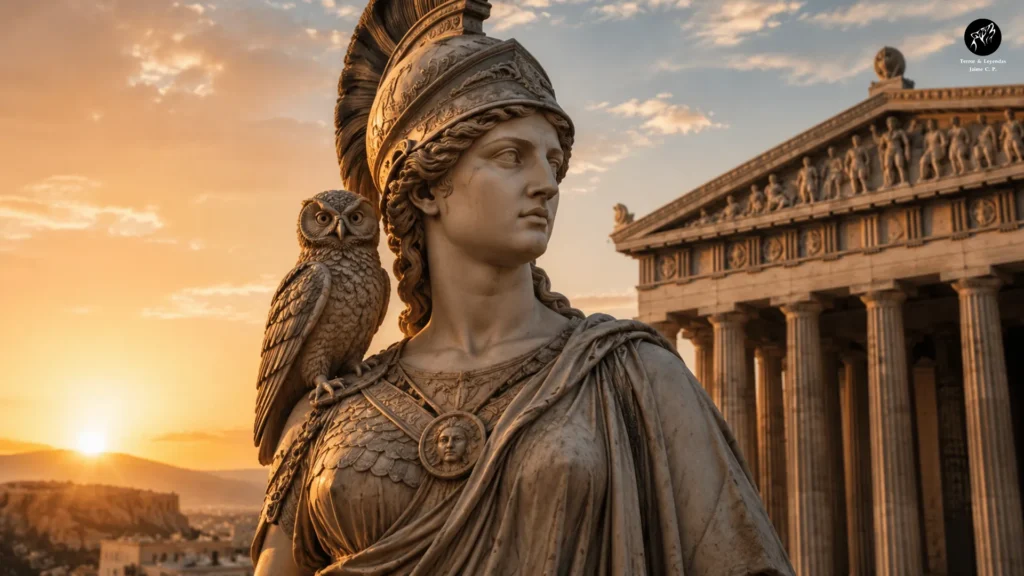 Atenea acompañada por un búho símbolo de sabiduría.