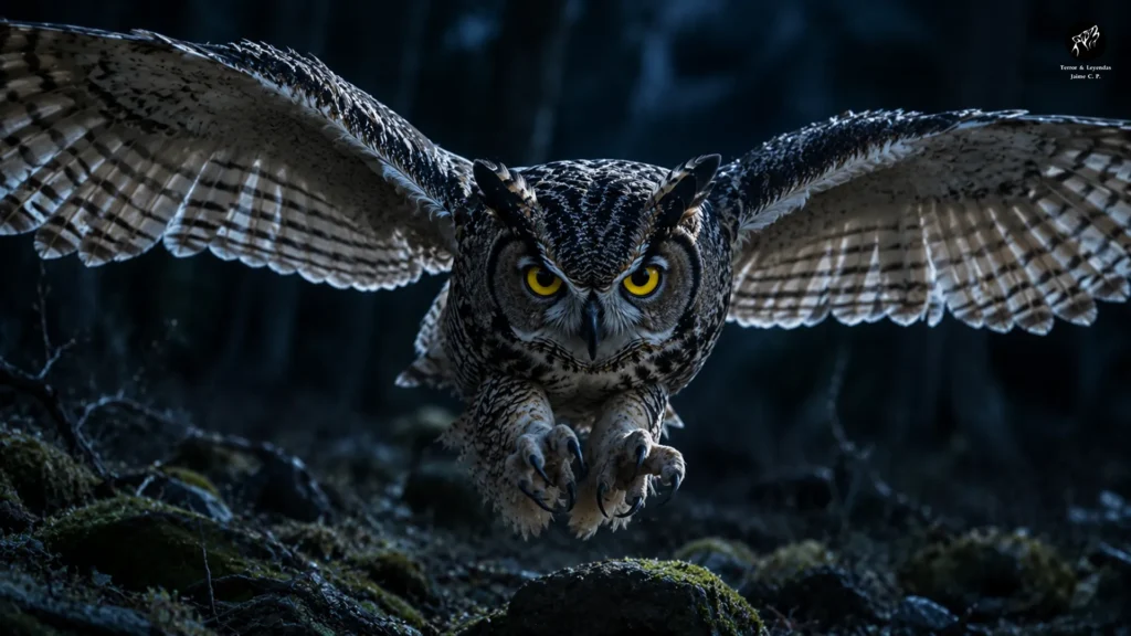Búho cazando durante la noche con las alas extendidas.
