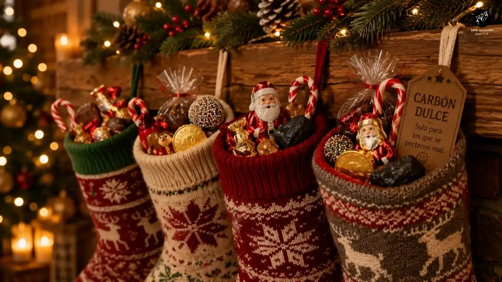 Calcetines navideños llenos de dulces, caramelos y carbón dulce de la Befana