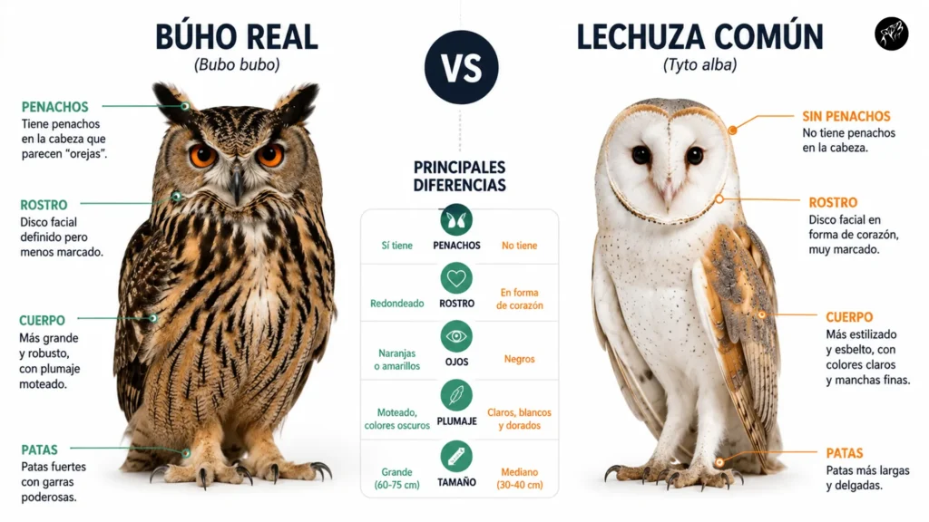 Comparativa visual entre un búho y una lechuza mostrando sus diferencias físicas.