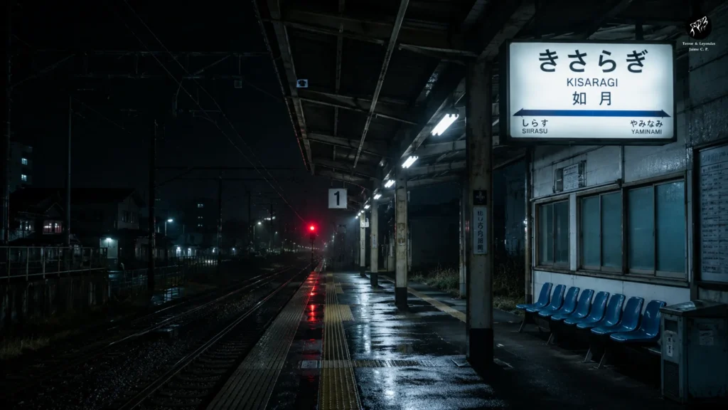 Estación Kisaragi vacía durante la noche en una leyenda urbana japonesa.