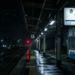 Estación Kisaragi vacía durante la noche en una leyenda urbana japonesa.