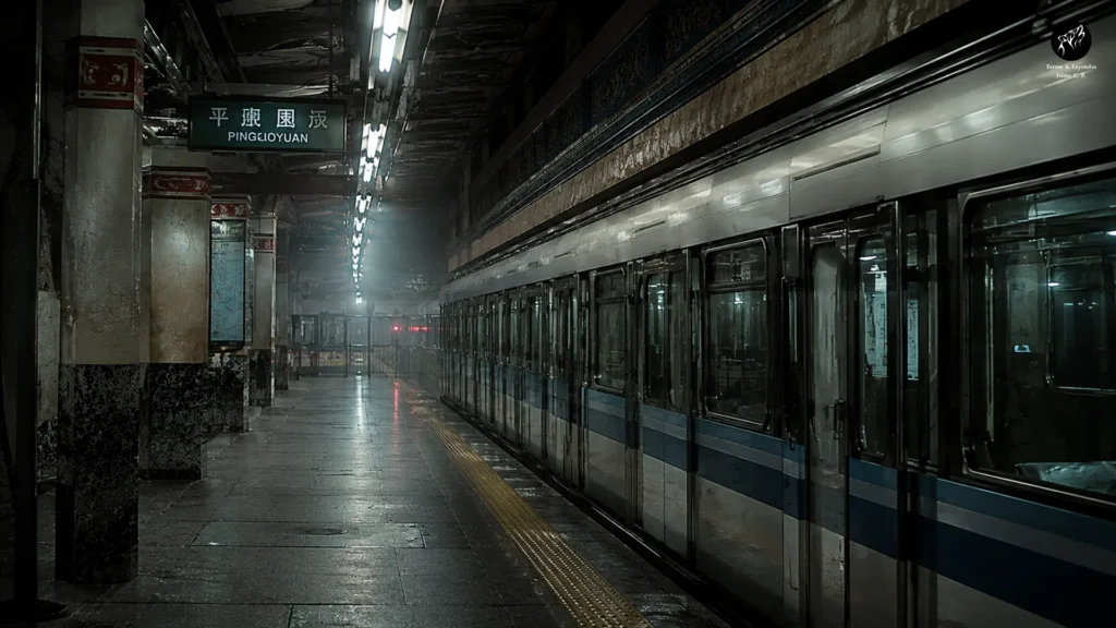 Vista nocturna de la estación Pingguoyuan, uno de los lugares asociados a la leyenda del último tren del metro de Pekín.