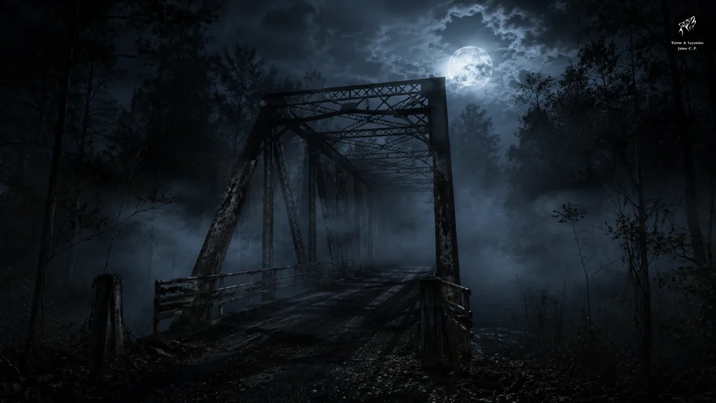 Goatman Bridge en Texas rodeado de niebla y vinculado a fenómenos paranormales.