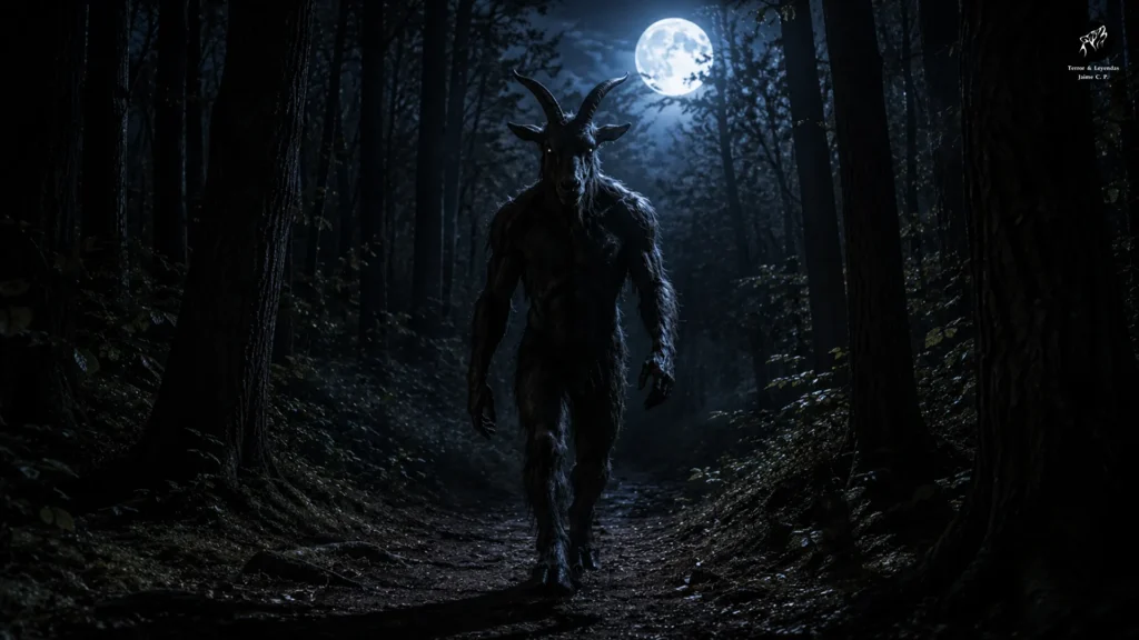 Goatman caminando entre los árboles en un bosque oscuro durante la noche.
