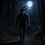Goatman caminando entre los árboles en un bosque oscuro durante la noche.