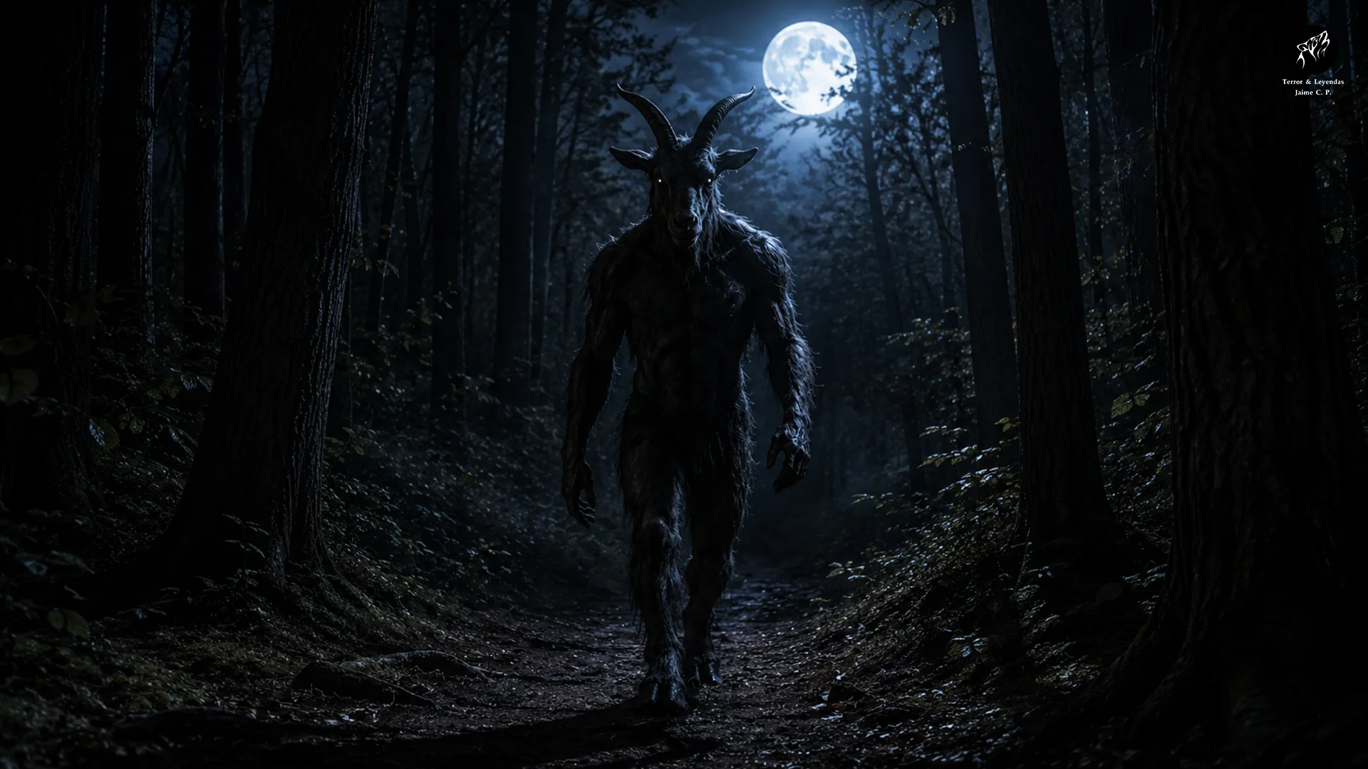 Goatman caminando entre los árboles en un bosque oscuro durante la noche.