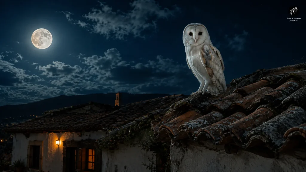 Lechuza blanca sobre una casa durante la noche.