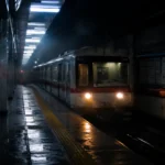 Último tren del metro de Pekín llegando a la estación Pingguoyuan durante la noche, inspirado en la famosa leyenda urbana china.