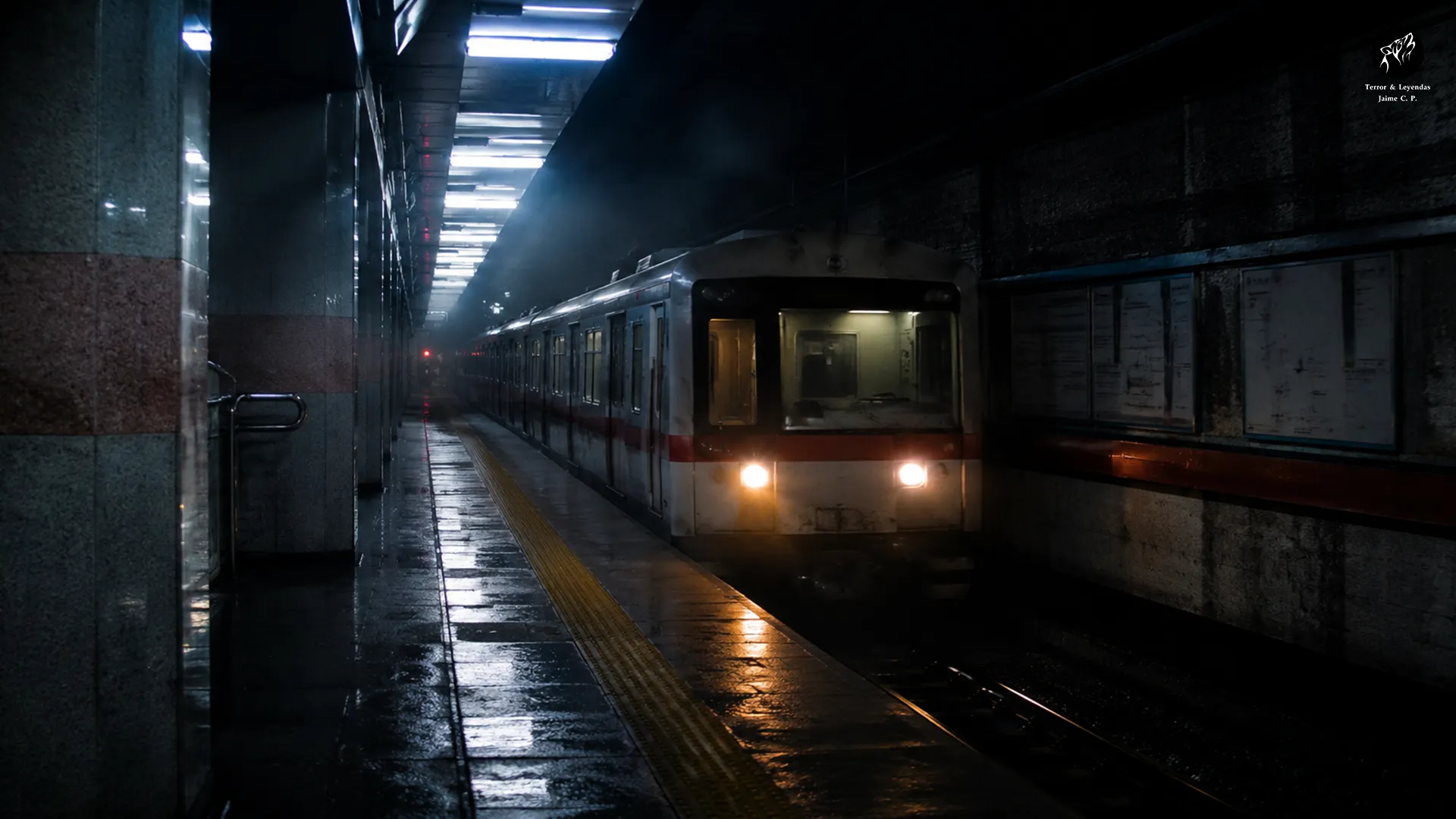 Último tren del metro de Pekín llegando a la estación Pingguoyuan durante la noche, inspirado en la famosa leyenda urbana china.
