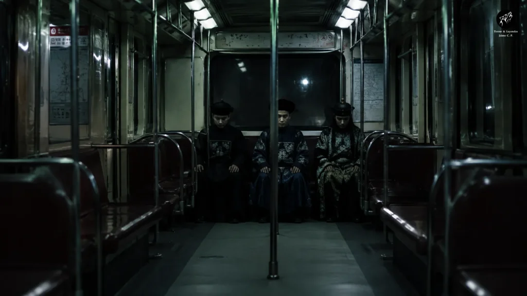 Tres pasajeros vestidos con ropa tradicional china permanecen inmóviles dentro del último tren del metro de Pekín.