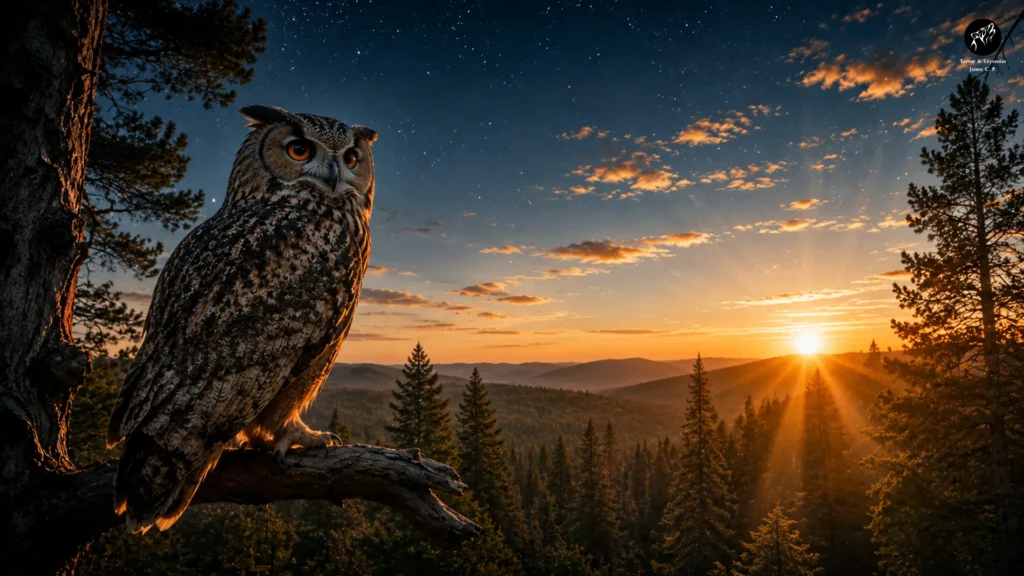Búho observando el amanecer desde la rama de un árbol.