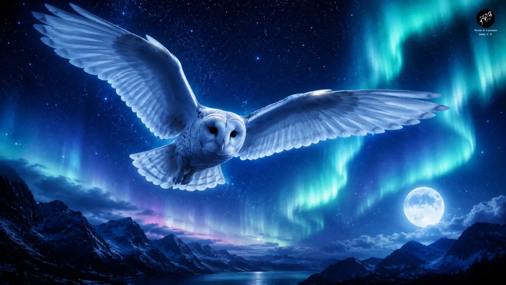 Búho blanco volando bajo un cielo estrellado.