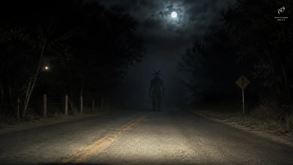 Goatman observado en una carretera rural desierta durante la noche.