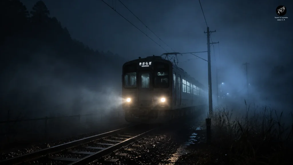 Tren atravesando la niebla en la leyenda de la Estación Kisaragi.