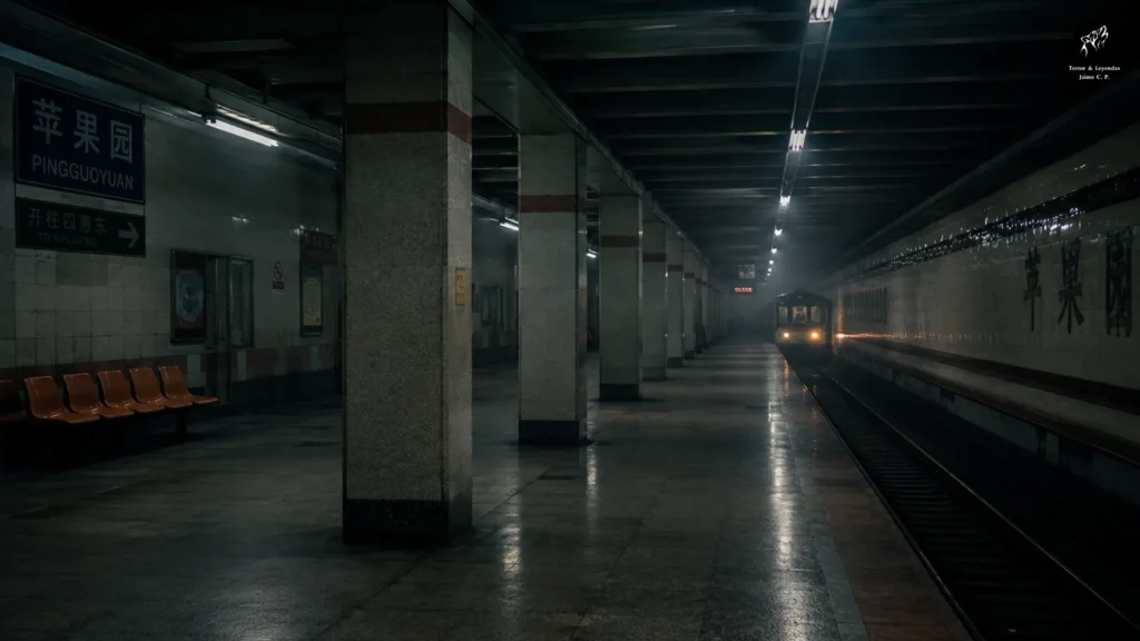 Último tren del metro de Pekín llegando a la estación Pingguoyuan durante la noche.