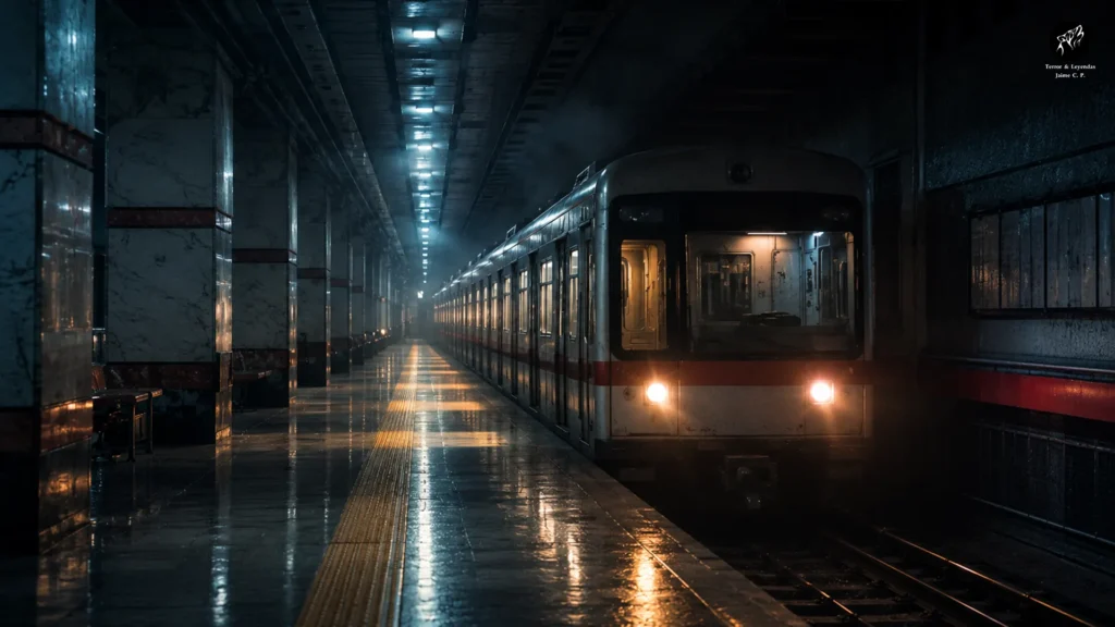 El último vagón del metro de Pekín desapareciendo en un túnel oscuro durante la noche.