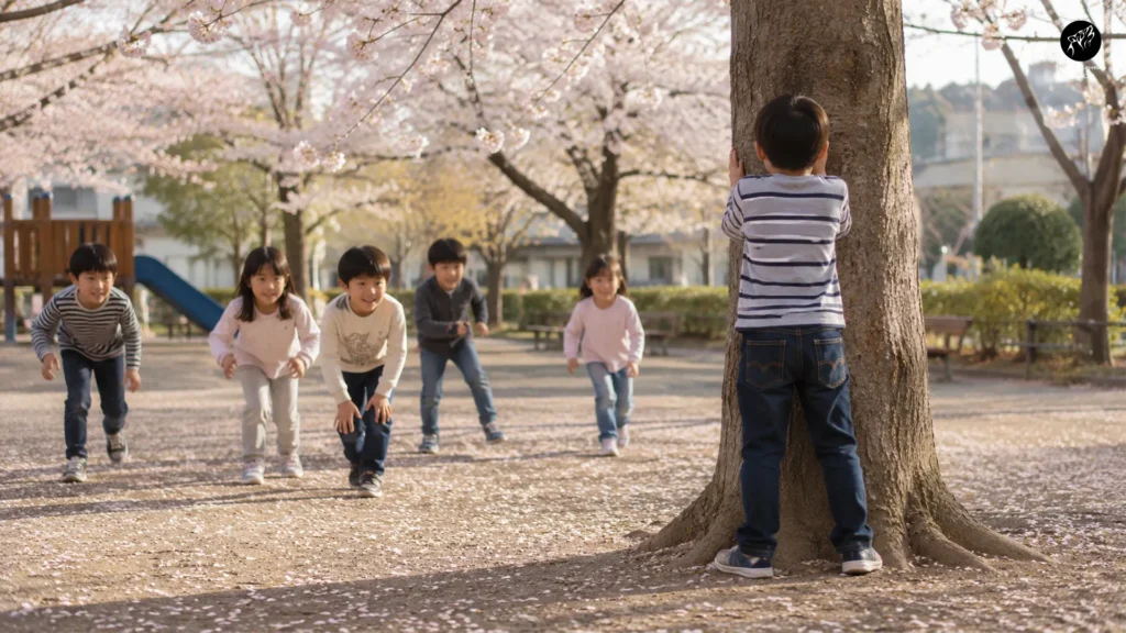Niños jugando al tradicional Daruma-san ga Koronda en Japón.