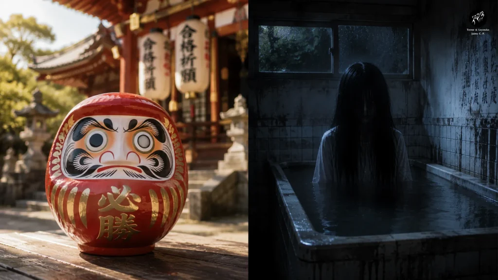 Comparativa entre el muñeco Daruma tradicional y la leyenda urbana del Juego de Daruma.