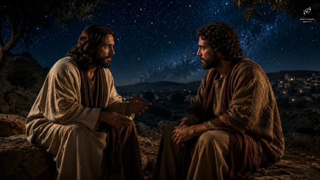 Representación de Jesús hablando con Judas Iscariote.