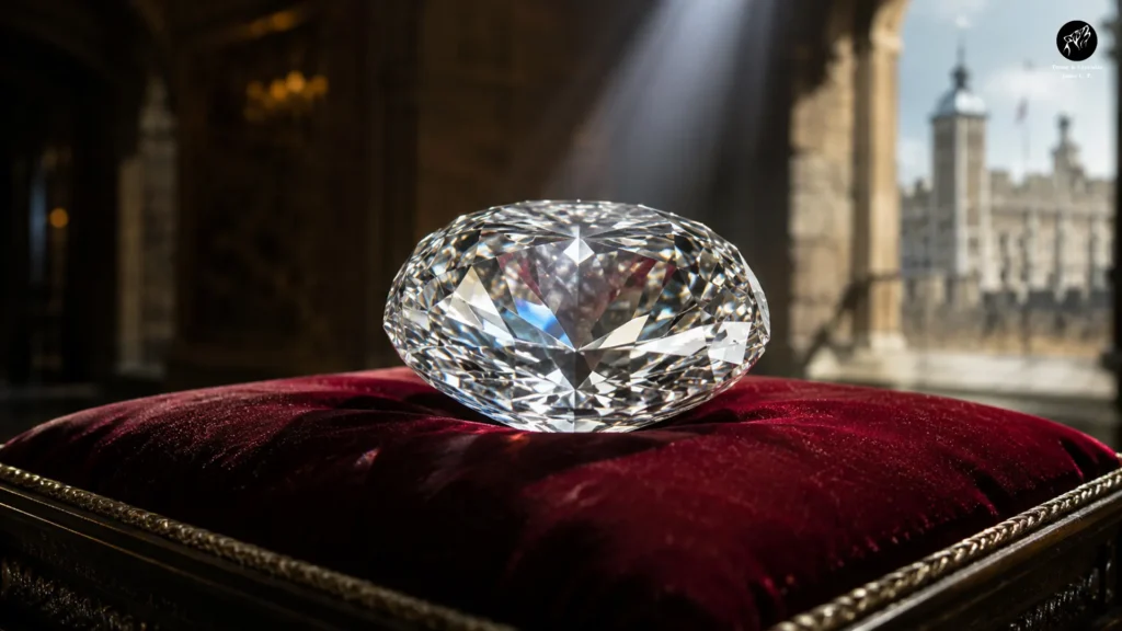 Koh-i-Noor expuesto sobre un pedestal con iluminación dramática.