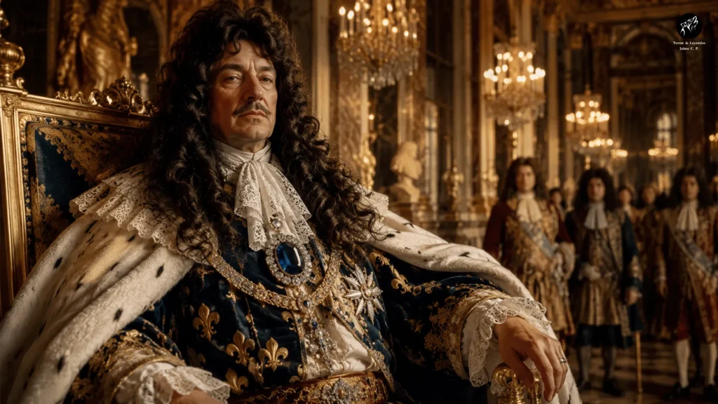 Luis XIV con el Diamante Azul de Francia en el Palacio de Versalles.