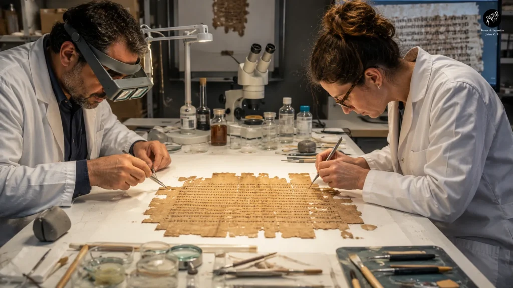 Especialistas restaurando el manuscrito del Evangelio de Judas.