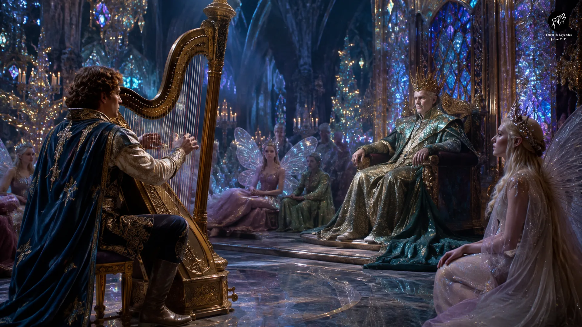 Sir Orfeu tocando harpa diante do rei das fadas para resgatar Lady Heurodis.