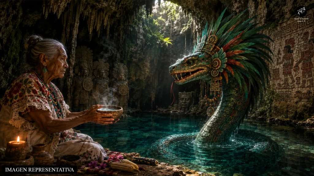 Anciana maya y serpiente emplumada en el cenote Xcabachén de Maní, Yucatán